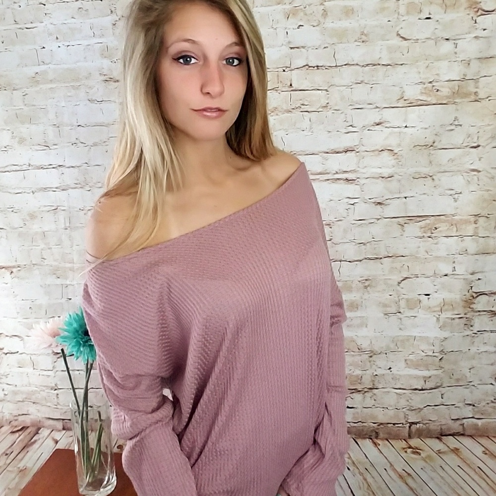 Off the shoulder waffle knit sweater